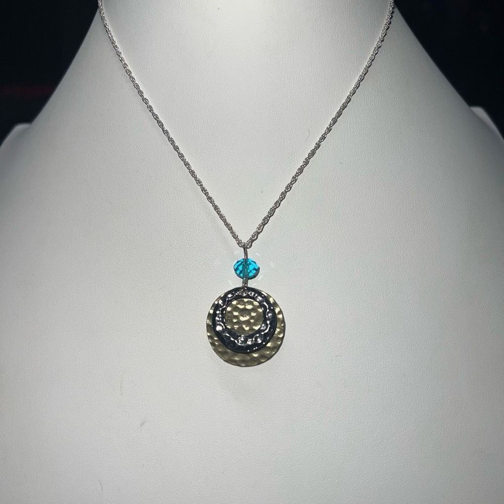 Silver and Gold Tone Hammered Disc Bead Charm Necklace